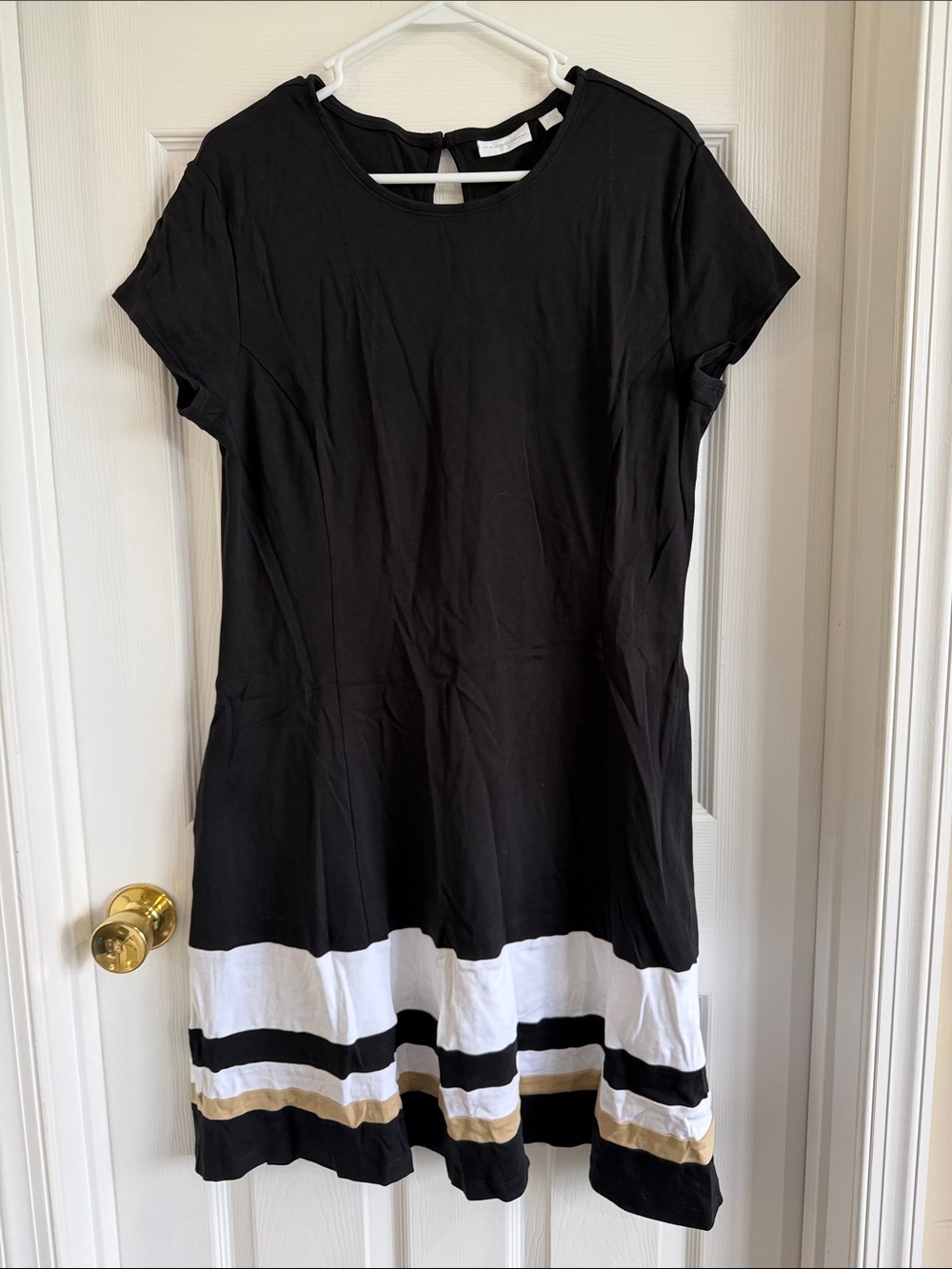 NWOT New York & Company Black Mini Dress with White and Gold Stripes